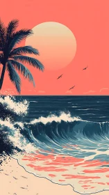Sunset waves and palm tree welcoming a dreamy shoreline.