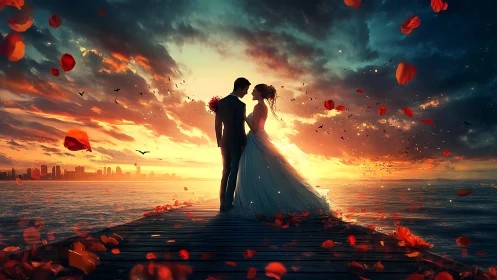 Wedding couple on pier at sunset with vivid sky and petals.
