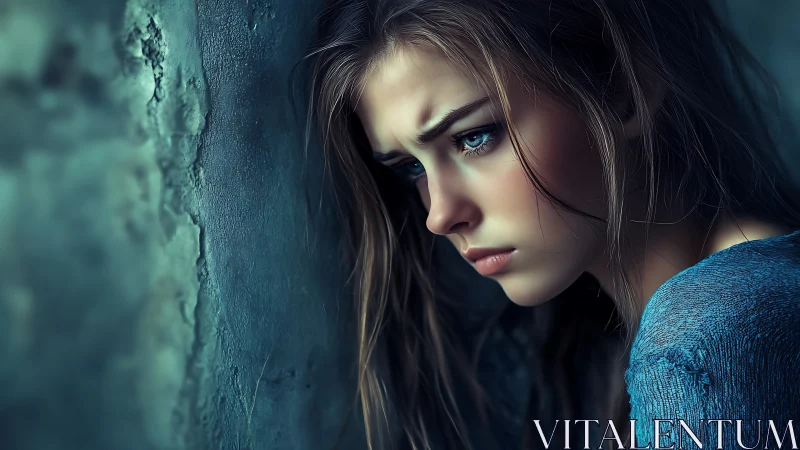 Melancholic young woman leaning on textured teal wall.