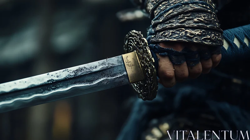 Weathered warrior’s katana held with quiet resolve.