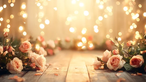 Pink Roses on Wooden Surface with Warm Bokeh Lights.