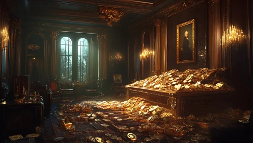 Golden coins flooding a grand, secretive manor hall.