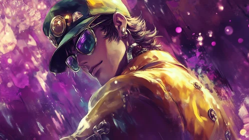 Neon drifter in gold jacket cuts through violet city haze.