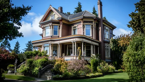 Victorian style house with lush landscaped front garden.