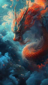 Draconic serpent arcs through volumetric clouds with fiery scales