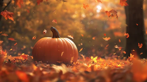 Cozy pumpkin resting in a golden whirl of autumn leaves.
