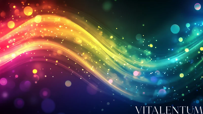Digital lightwave spectrum with flowing bokeh particle ribbons.