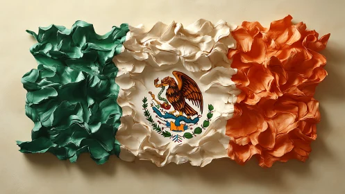 Textured tricolor flag depicts Mexican emblem with sculpted folds