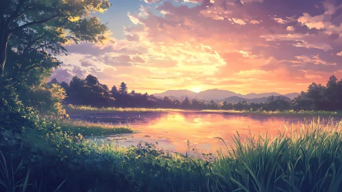 Sky-drenched sunset paints a quiet lakeshore in molten color