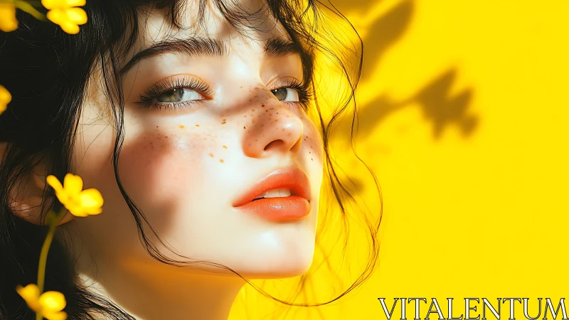 Sunlit portrait captures freckled face against vivid yellow