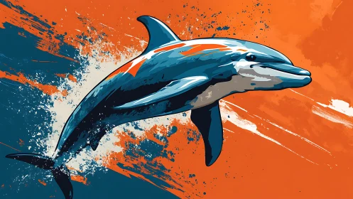 Dynamic dolphin leaps through bold orange teal splashes