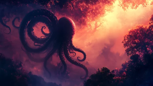 Gentle forest leviathan drifting through a rosy twilight sky.