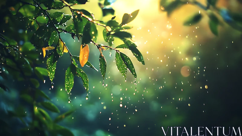 Glowing rainlit leaves in soft golden forest bokeh panorama.