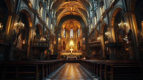 Baroque cathedral interior glows with golden altar light.