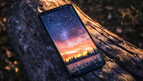 Stargazing smartphone cradles a blazing digital twilight sky.