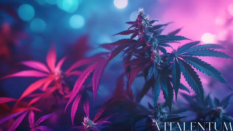 Cannabis plant under vivid pink and blue studio lighting.