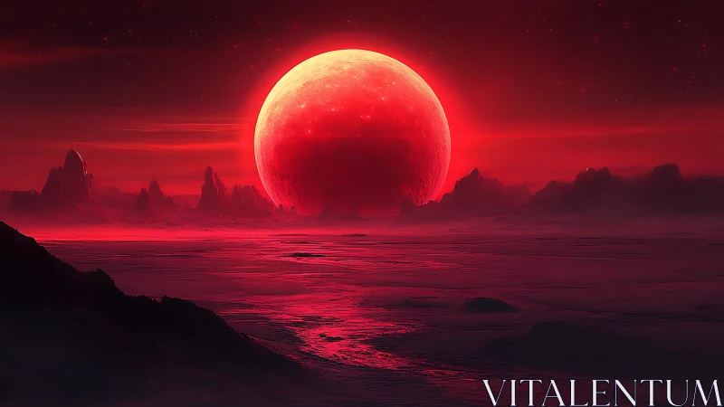 Red alien landscape with large glowing planet horizon.