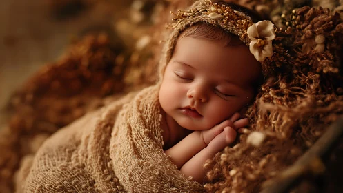 Sleeping newborn wrapped in knit textiles with delicate flower crown