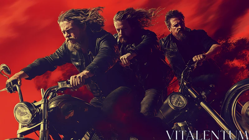 Three motorcycle riders speed through vivid red storm