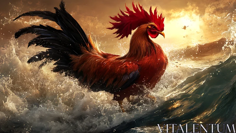 Rooster-like bird amid breaking ocean waves at sunset.