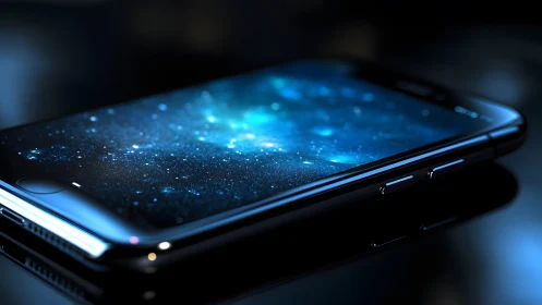 Sleek smartphone with cosmic screen in futuristic lighting.