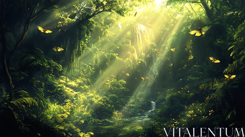 Golden butterflies dance through sunlit enchanted jungle air