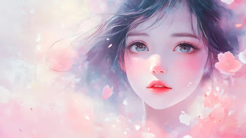 Digital portrait of young woman amid soft pink blossoms.