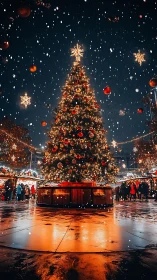 Sparkling Christmas tree glows warmly in a snowy city square