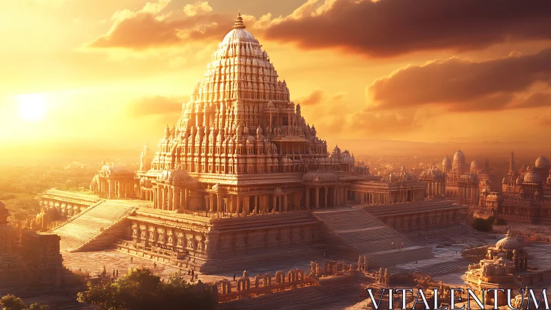 Tiered sandstone megatempel under volumetric sunset luminance.