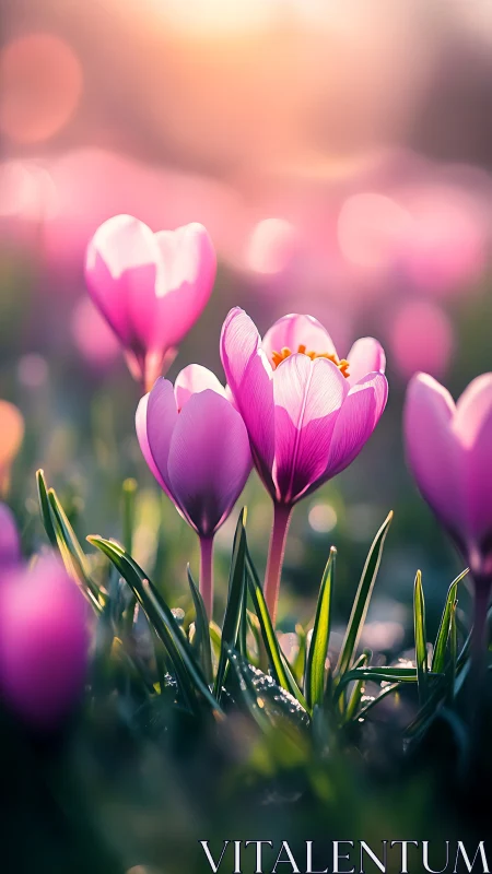 Gentle pink crocuses glowing softly in early spring light.