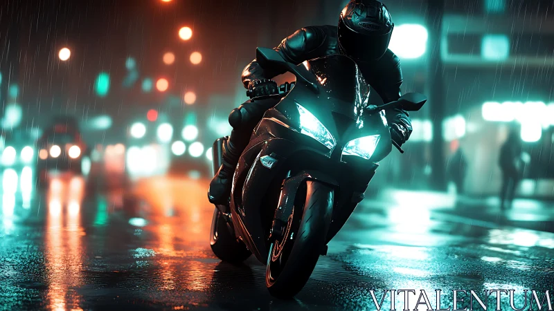 Neon storm rider carves light trails through rainy city night.