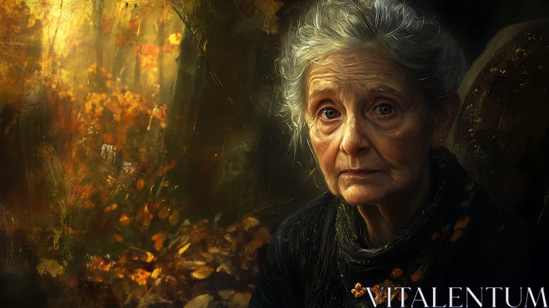 Elderly woman in autumn forest with golden painterly light.