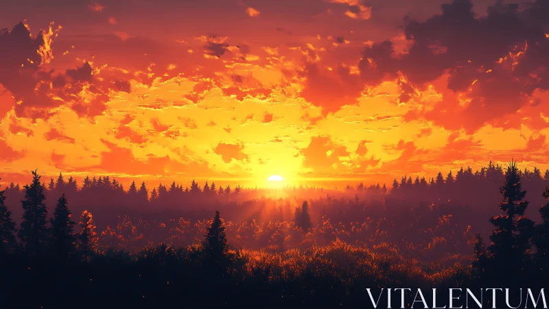 Glowing forest sunrise washing the treetops in gentle gold.