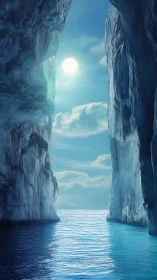 Vertical seascape depicts luminous sea cave with high dynamic range light