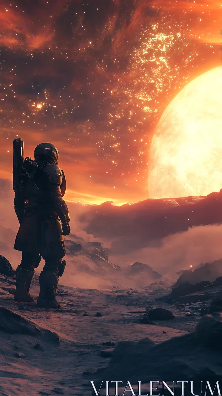 Stargazing explorer walking toward a burning alien sunrise.