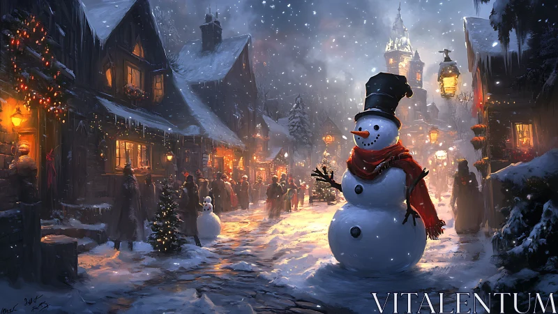 Snowman stands in festive snowy village street at night.