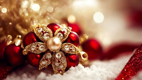 Gold jeweled flower ornament on red Christmas baubles.