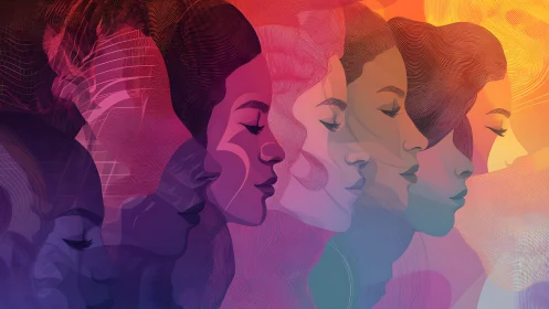 Vibrant Abstract Portraits of Women in Gradient Line Art Style.