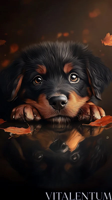 Digital illustration of puppy with water reflection and leaves.