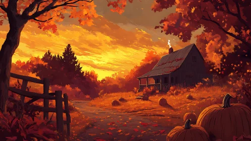 Autumn farmhouse glows under vivid golden sunset sky
