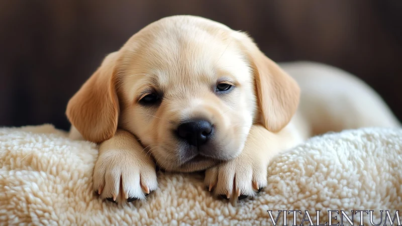 Photorealistic puppy portrait on textured fleece surface.