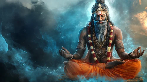 Bearded meditating figure sits cross-legged in vivid clouds