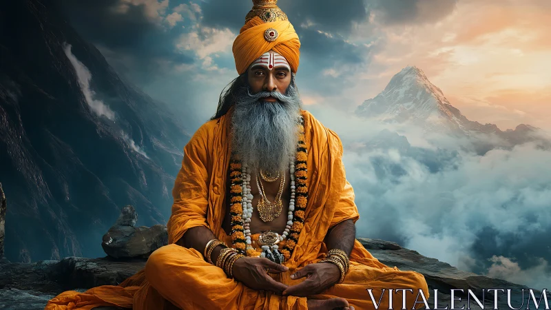 Himalayan sage in orange robes meditating on rocky summit