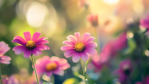 Pink Daisy Blooms. Macro Photography Garden.