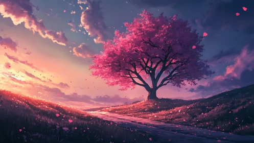 Blossoming pink tree welcomes sunset along a gentle path