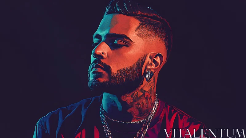 Moody neon portrait of a tattooed man in quiet profile.