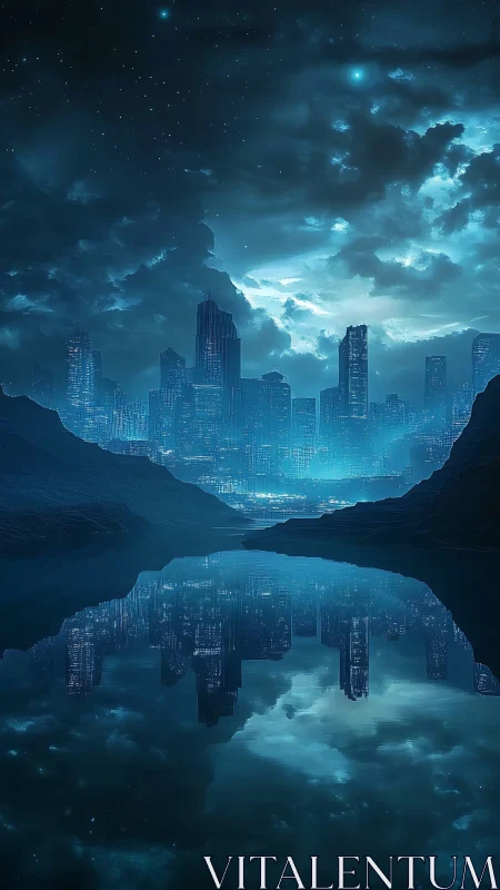 Nocturnal futuristic skyline mirrored over tranquil lake.