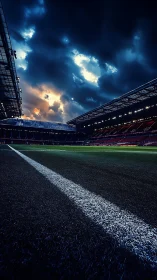 Low-angle floodlit stadium turf under storm-laden twilight sky.