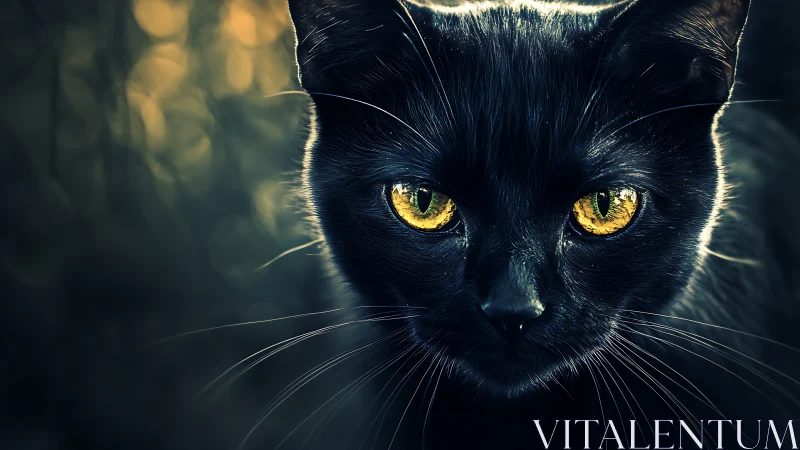 Black Cat with Golden Eyes in Dramatic Lighting.