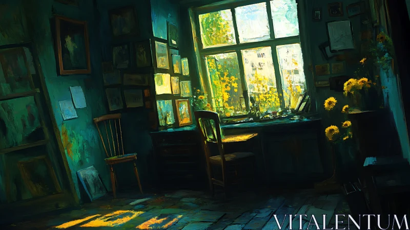 Sunlit painter&rsquo;s studio with teal shadows and florals.